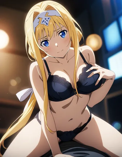 1girl and 1boy, alice zuberg, sword art online, straddling, panties, bra, (grabbing own breasts), looking at viewer, indoor, masterpiece, best quality, very aesthetic, absurdres, cinematic still, emotional, harmonious, vignette, highly detailed, high budge...