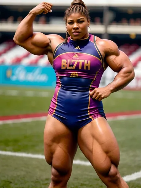 A heavily muscled iffb pro female bodybuilder Queen  latifah as a sexy rugby player wearing a soaking wet lycra rugby uniform, very sexy muscular thighs 