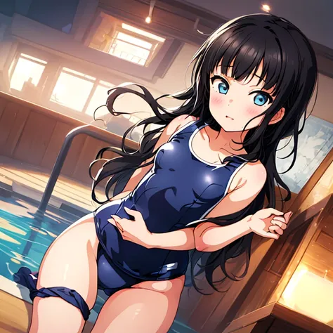 highest quality, so beautiful, Very detailed, Best illustrations, Dark blue one-piece school swimsuit, One girl,black_hair