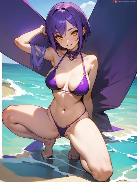 1girl, purple hair, short hair, yellow eyes, medium breasts, happy smile, full body, swimsuit, bikini, detailed eye, good proportions, sexy, beach