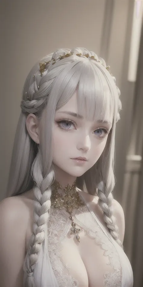 best quality, masterpiece,gray hair, golden eyes,white clothes, search,hair,fair skin,side braids,,(very detailed),(Really delicate and beautiful face),(detailed beautiful eyes),big bust