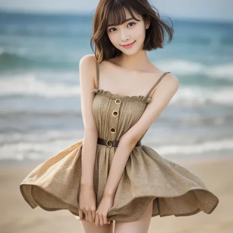 Photo-realistic quality、A fifty-year-old Japanese woman takes a photo on the beach wearing a one-piece dress, Beautiful girl model, Beautiful Japanese Girl, pretty girl, Japanese Model, Beautiful Japanese Girlの顔, Beige summer dress, Beautiful cute, Slim gi...