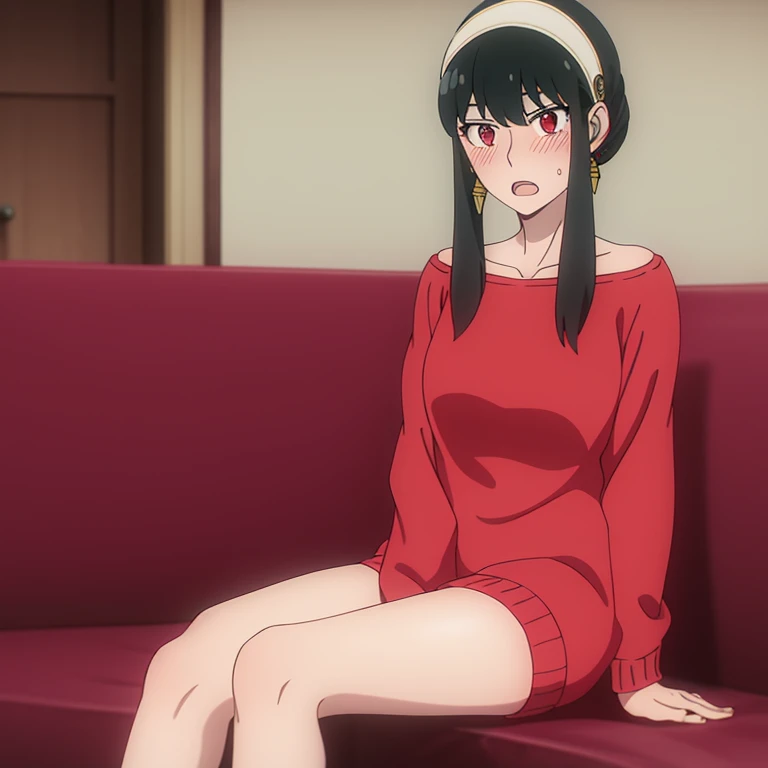 yor briar, 1girl, blush, black hair, hairband, jewelry, open mouth, solo, wide-eyed, sidelocks, red sweater, joel, 1girl, long h...