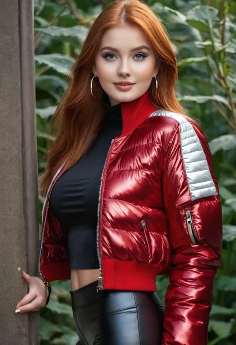 hyperrealistic beautiful busty 18-year-old women in red longsleeve croptop with shiny metallic puffer-jacket and leather leggins, model shooting full body photography, natural redhead very long straight hair, dark eye makeup with eyeliner, seductive smile,...