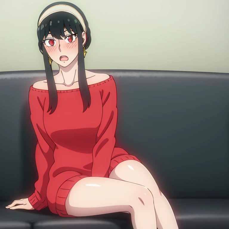 yor briar, 1girl, blush, black hair, hairband, jewelry, open mouth, solo, wide-eyed, sidelocks, red sweater, joel, 1girl, long h...