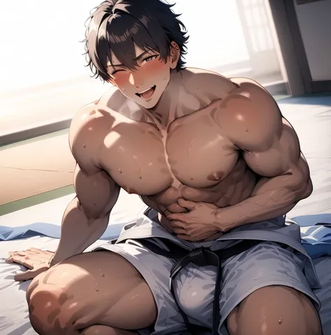 anime guy with a muscle发达 body sitting on a bed, muscle发达!!, muscle发达!, muscle发达!!!, Cool anime poses, muscle发达! White, The strongest posture, a muscle发达, bulging muscles, gigachad muscle发达, Fluffy chest, bursting with muscles, tear, muscle发达!! Science Fic...