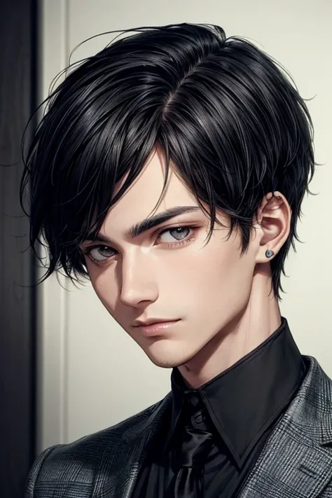 A young man with short black hair((best quality)), ((masterpiece)), (detailed), Perfect face