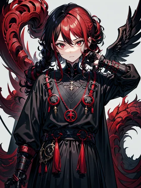 Handsome adult guy, black-red hair, hair tied in a small tail at the back, curly hair. 
Dressed in black casual clothes, with are accessories with satanic symbols. 
Black eyes, strong build.
Perspective view from below, looking from above. There is a black...