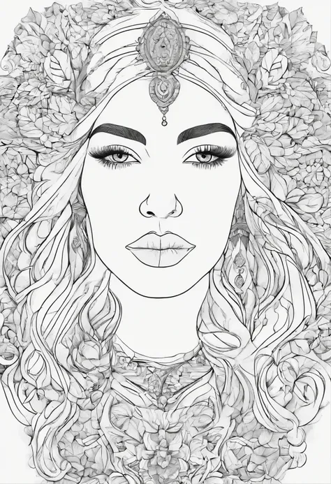 portrait, anti-stress coloring book, black and white, beautiful girl Alyonushka from a Russian fairy tale, clear regular lines, beautiful, detailed, simple, 800k, high resolution, high detail