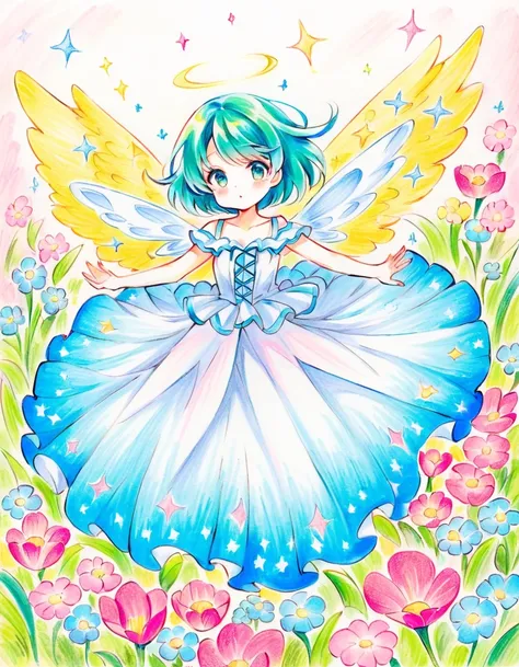 Colored Pencil Art, The charming girl with short, aqua-colored hair is dressed in a fluttery, frilly dress. Her attire sparkles under the bright sunlight, swaying gracefully with her movements. The dress, with its girlish design, blends pink and white past...