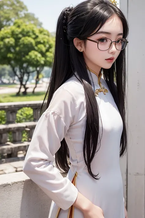 Photorealistic,masterpiece, best quality,ultra-detailed,vietnamese girl,18yo,cute,((pulls up her ao dai and shows her panties)),She takes great pleasure in showing off her panties to viewer,(visible panties),,Ao dai,hair,black hair,glasses,braid hair,small...