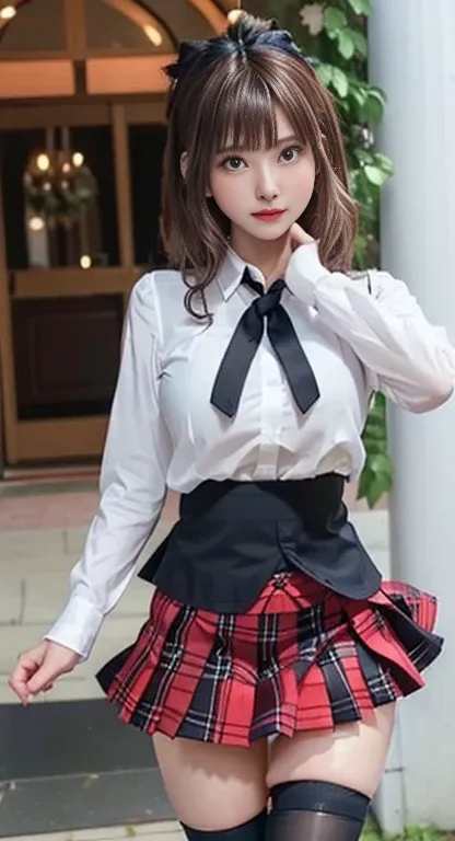 1 person,Next to the chestnuts,Black Stockings ,((Annoyed expression)),Beautiful breasts,White shirt,Red checkered pleated skirt,Well stylized,,(Front facing)(((Blushing、Embarrassed expression)),(((The skirt flips up in the wind)))