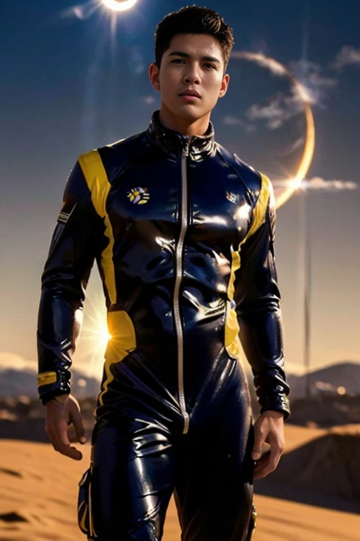 male pilot, (standing close to solar eclipse), landscape, huge sun solar eclipse background, elegant, wearing sexy spacesuit, tight clothes, open clothes, unzipped, blush, masterpiece, best quality, detailed background, depth of field, intricate details, (...