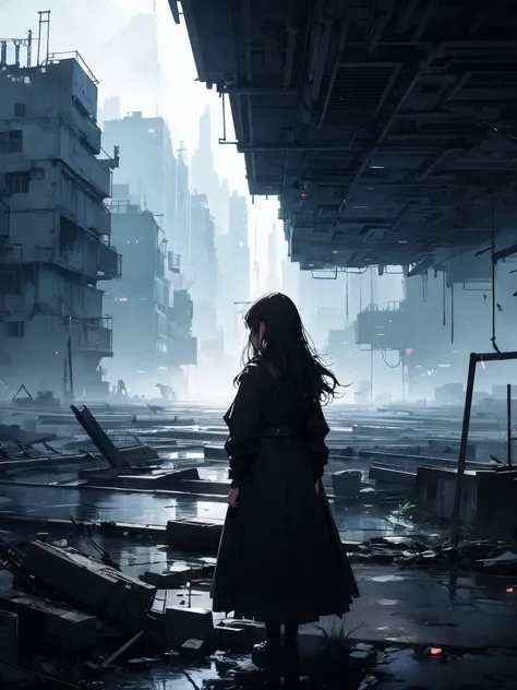 high quality, One Girl, Sad, Look Down, Bottom of the earth, stand up, abyss, A city surrounded by high walls, dark Cloud, Black Dress, Long Hair, Dystopia, dark