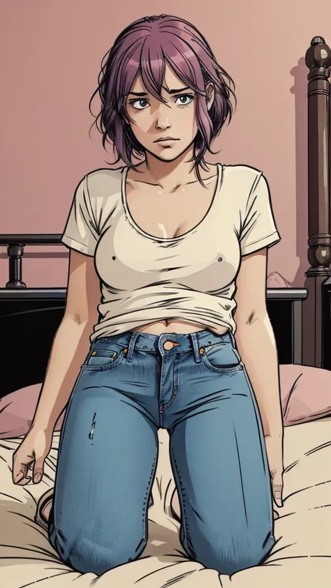 vector image, 2d cartoon,masterpiece, An teenage girl,colored hair, blush:1.2, simulates sex with herself:1.3, tight worn-out jeans,pull herself down on knees, red