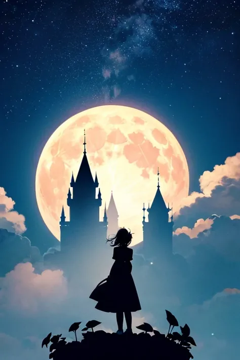 highest quality,Big moon and shadow,A silhouette of a person can be seen against the backdrop of a large moon.,There is one full moon,There is a mood,Beautiful scenery,Starry Sky