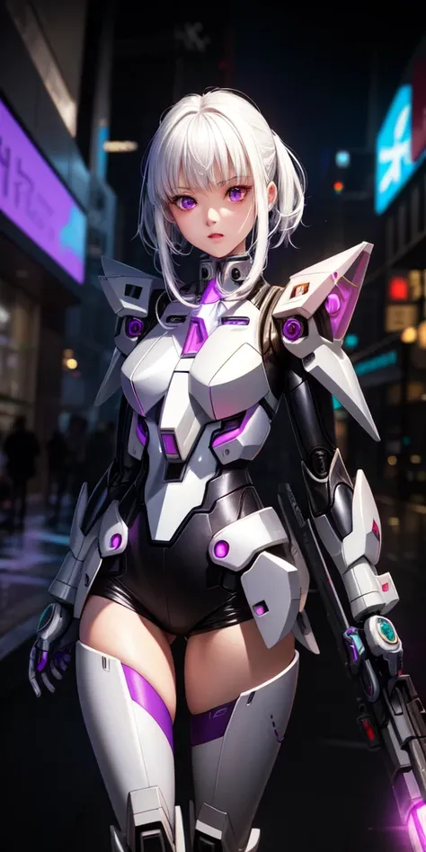 Practical, Girl one, White hair, Purple Eyes, Shining eyes, Mecha suit, Gundam, Metal, Intricate details, Detailed neon lights, Open your mouth,