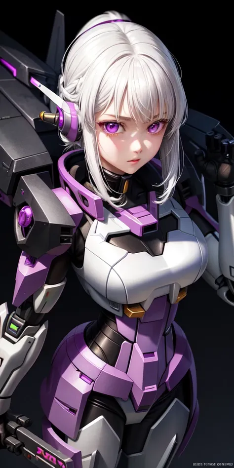 Practical, Girl one, White hair, Purple Eyes, Shining eyes, Mecha suit, Gundam, Metal, Intricate details, Detailed neon lights, Open your mouth,