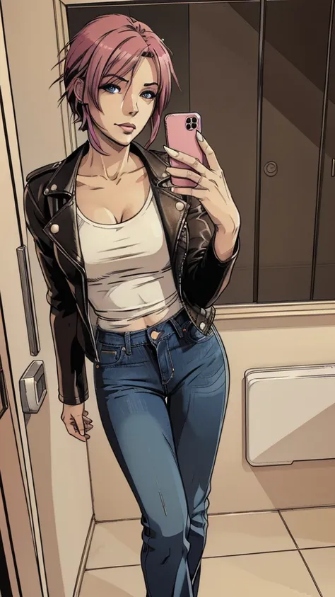 vector image, 2d cartoon,masterpiece, An anime woman, blush,colored hair, provocative makeup,tight bootcut jeans, heels, horny pose, leather dark jacket, t-shirt, taking selfie, in restroom,