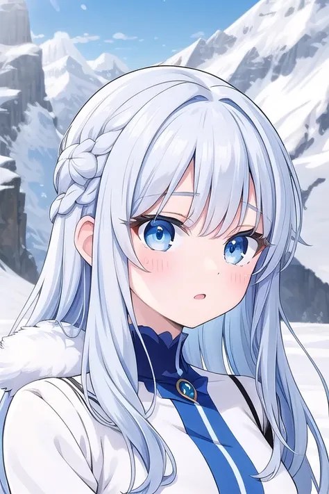 Une femme, 25 ans, cheveux longs, cheveux bleus, blue hairs, blue eyes, yeux bleus, beaucoup de Détails, dans la montagne, snowy mountain, glacier, tempête de neige,  game of throne, marcheur blanc, sexy