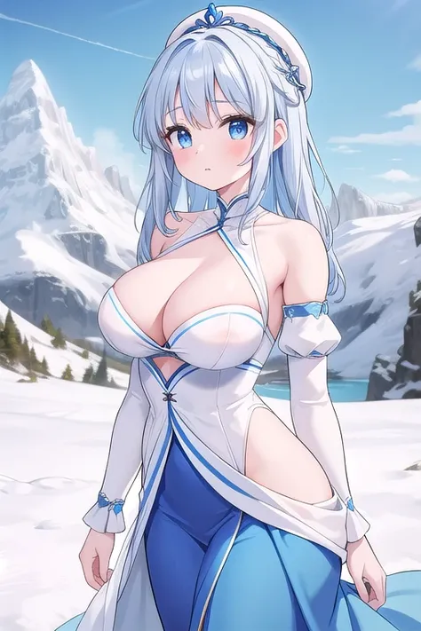 Une femme, 25 ans, cheveux longs, cheveux bleus, blue hairs, blue eyes, yeux bleus, beaucoup de Détails, dans la montagne, snowy mountain, glacier, tempête de neige,  game of throne, marcheur blanc, armure blanche, chevalier, warrior, sexy