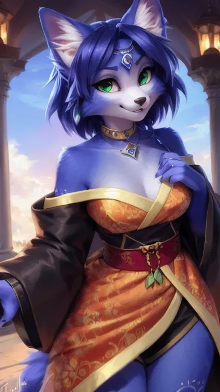 A beautiful and detailed (cute full body portrait) von ((Krystal)), Sternenfuchs Krystal, Schlank, liebenswert, green eyes, medium breasts, (((Lange blaue Haare 1.3))),  ((schwarze haarspitzen)), Dekollete, Grinsen, hoch schauen,, anthro, Pelzig, Hochgelad...