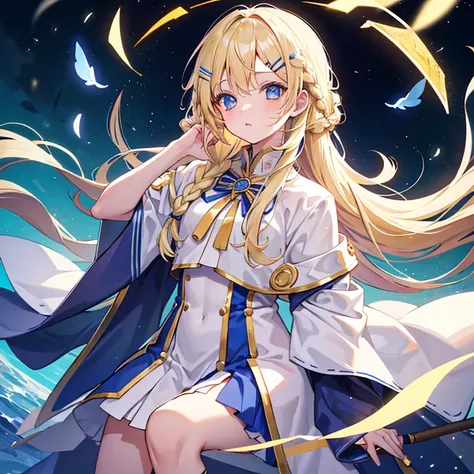 Girl　Hairpins in the bangs　Blonde　Her hair is down and braided　Wizard Uniform　Long hair