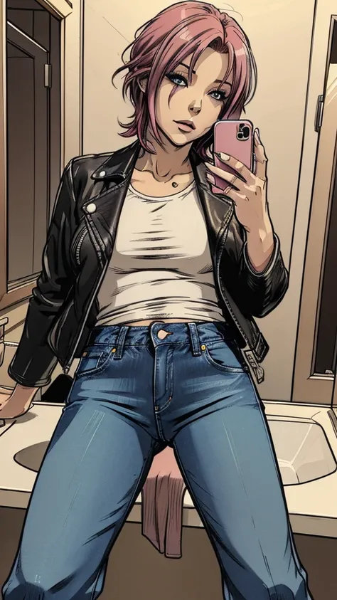 vector image, 2d cartoon,masterpiece, An anime woman, blush,colored hair, provocative makeup,tight bootcut jeans, heels, horny pose, leather dark jacket, t-shirt, taking horny selfie, in restroom,