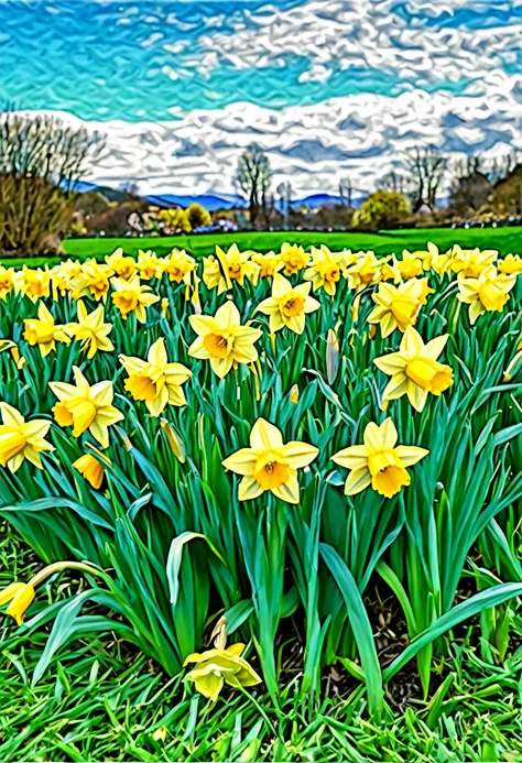 the highest quality result of all seeds, Generate impressionist style paintings with bright colors and blurry outlines, a variety of small details in the background. (((a cluster of yellow daffodils amidts the green grass and blue cloudy sky), ultra high q...