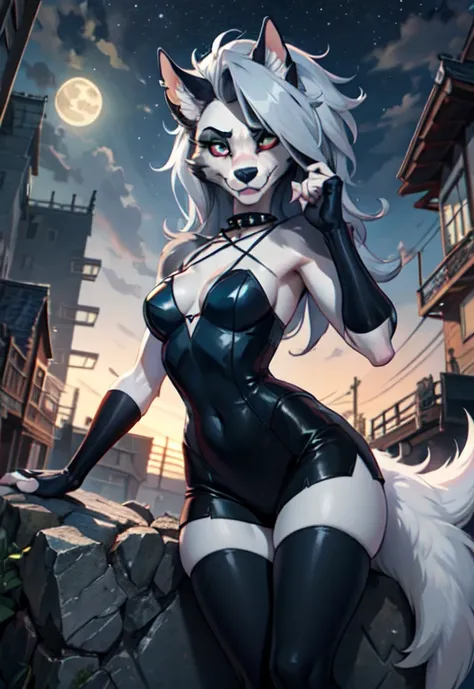 loona hellhound, anthro, Abonnieren, Abonnieren, fingerlose Handschuhe, black hold-up stockings, Rock, dicke Oberschenkel, medium breasts, kleine Schnauze, (geschlitzte Pupillen, White eyes, rote Sklera:1.1), Betrachter betrachten,  detaillierter Hintergru...