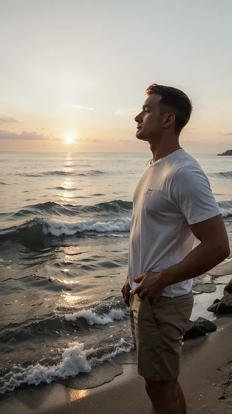 A man standing at sea brezze enjoying the sun sunrise view.