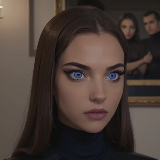 (masterpiece, high quality) woman,black leather turtleneck, grey skirt,looking at viewer, perfect face, suits Navy blue, crystal blue eyes, eyelashes, makeup, full_nelson_vaginal