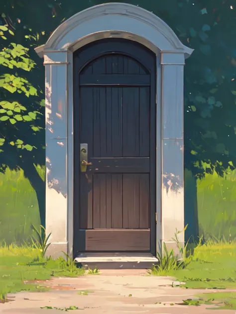 a lonely door in the middle of an open field