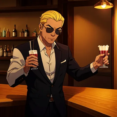 Bar owner, middle-age Japanese man, black suit, sun glasses, pulled back blonde hair, making drinks, strong jaw-link, looks like he’s with the Yakuza.