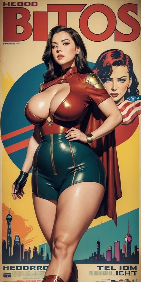 American World War II poster, Gil Elvgren style ((USA Poster, American Poster)) (((A young woman with straight dark hair long size up to her waist in superhero pose))) ((detailed outfit entirely red with gold)) (cars in the background of the image) (((robo...