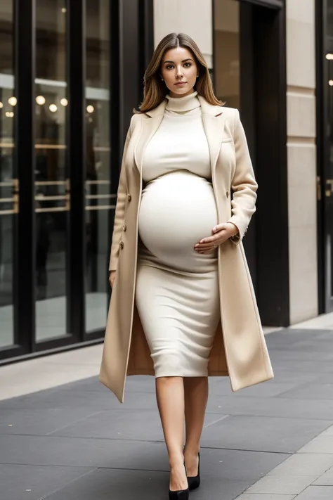 fine art portrait of a very elegant 30yo business lady, elegant and conservative clothes, wearing a lose white turtleneck sweater, ((an oversized coat)), very long business skirt, high heels, walking along the street in a modern city center, highest qualit...