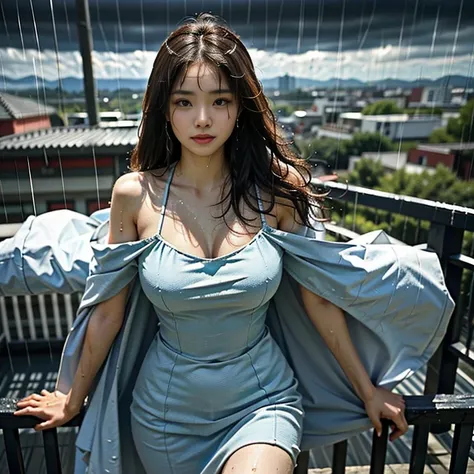 (highest quality、High resolution、Super detailed:1.2)、Fantasy、1美しいlikeい女性、(Perfect Body Proportions、Ideal body type)、(huge breasts)、like々New Appearance、smile、(Elegant and confident)Pause、Wearing primitive dress、(Float above the city:1.4)、From the dark cloud...