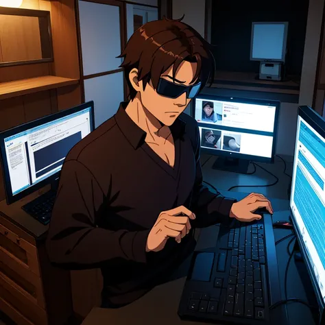 Male Japanese man, black VR Goggles, loose v-neck shirt, brown hair, on computer, in high tech computer room.