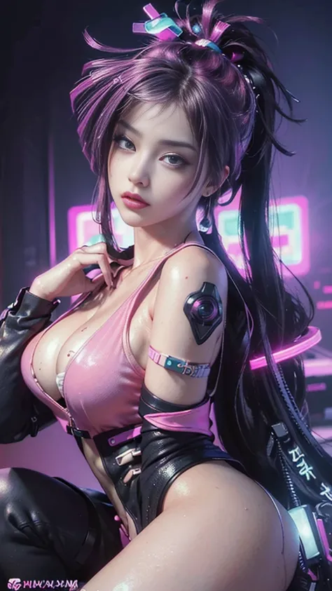 (highest quality), ((masterpiece), (detailed: 1.4), 3D, beutiful cyberpunk woman, HDR (high dynamic range), ray tracing, NVIDIA RTX, super resolution, unreal 5, a close up of a computer screen with a cartoon of a woman, vaporwave art, vaporwave cartoon, va...