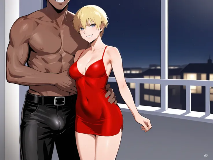 score_9, score_8_up, source_anime, standing, hellsing, seras, blonde hair, nude, indoors, night, night sky, nighttime, vampire, smirk, fangs, ikuchan, balcony, town background, clothed, male wearing shorts, muscular male, medium breasts, boyfriend, couple,...