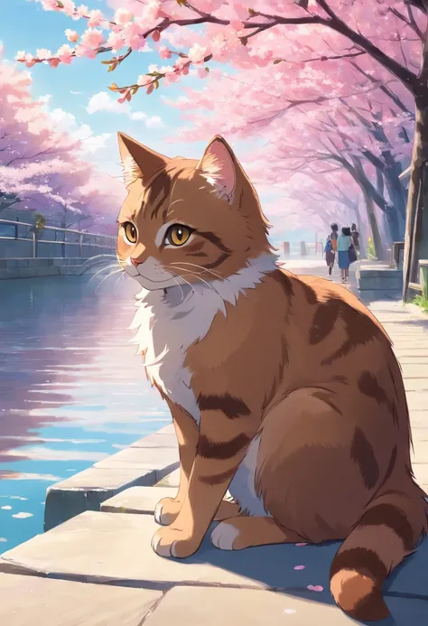 Brown tabby cat, 1 year old. Lakeside, cherry blossoms..