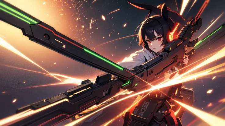 anime, rabbit ears, green short hair, red eyes, japanese anime style, (((long guns))), ery detailed CG unified 8k wallpaper, very fine 8KCG wallpaper, hyper quality, 