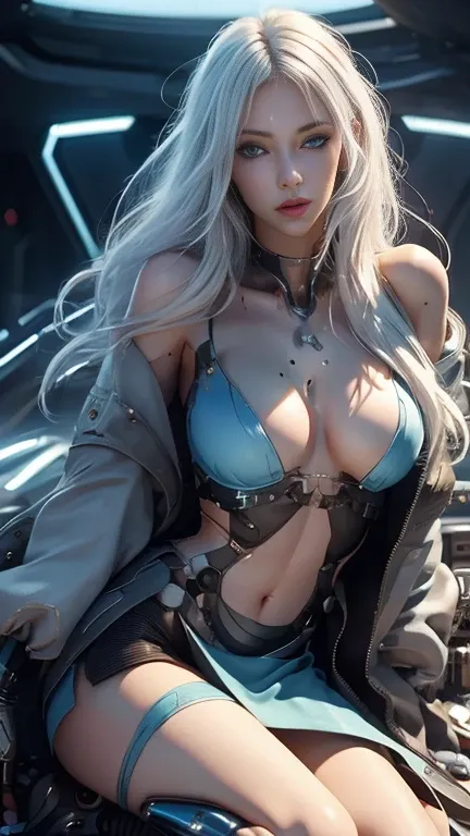 1 girl, Full body, cyberpunk, robot, (Masterpiece: 1.4), (8k, realistic, raw photos, best quality: 1.4), naked, skirt, open legs, The shape of the nipples and areolas is clear., Beautiful breasts, Japanese girl, Beautiful face, cute, (Real face: 1.4),finge...