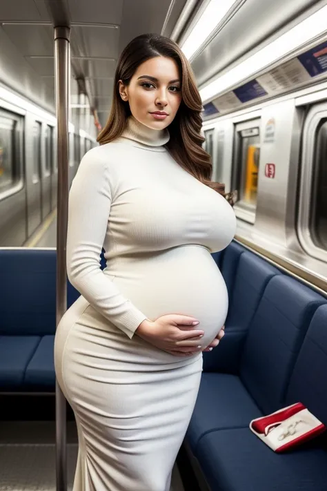 fine art portrait of a very elegant 30yo business lady, elegant and conservative clothes, wearing a lose white turtleneck sweater, a oversized coat, very long business skirt, high heels, sitting in the subway train, highest quality, sexy face high resoluti...