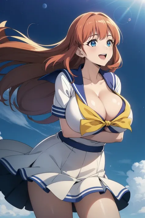 (Very beautiful face and eyes:1.2),(Laugh together),((Large Breasts))、Skirt fluttering in the wind、Fresh Skin、Beautiful legs,Sailor suit、,Redhead、Yellow headband、Space Battleship Yamato、(((Cleavage、Areola、)))
(highest quality,masterpiece:1.2),1 girl,Observ...