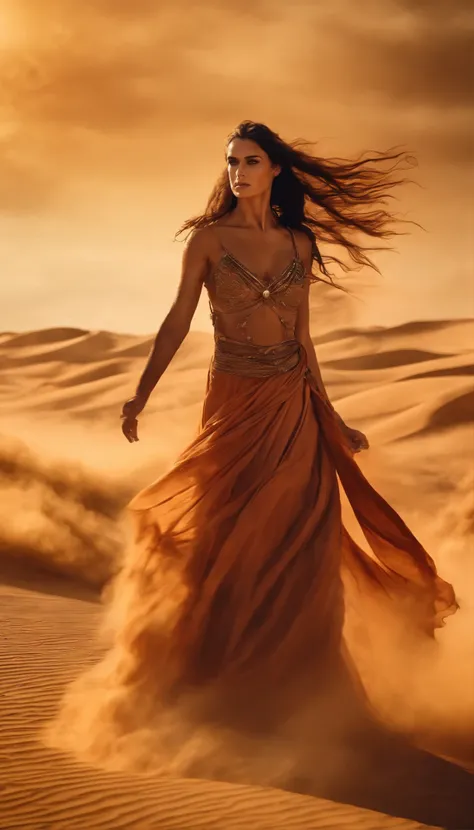 Film still photograph of an enchanting desert sorceress invoking a spell to summon a sandstorm, with her magical gown flowing and transforming into the landscape, captured with a dynamic wind effect and enhanced with practical effects for an authentic feel...