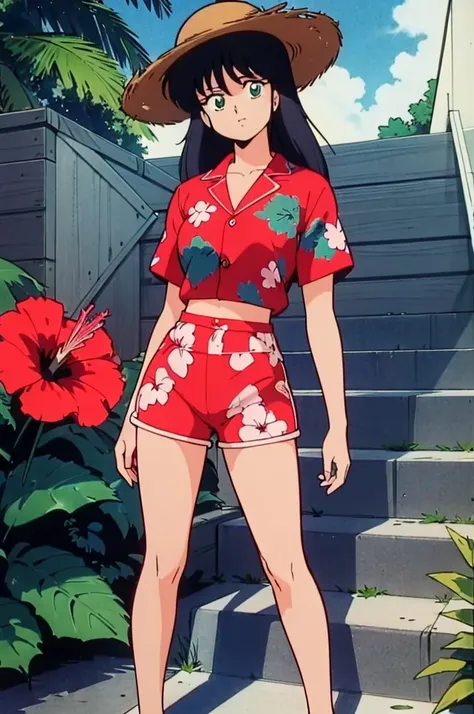 Madoka Ayukawa, 14 years old, bangs, 1girl, masterpiece, highest quality, disorganized, retro artstyle, 1980s (style)))), look viewer, long hair, Woman wearing a straw hat standing on a steps, (((Bright red aloha shirt with hibiscus pattern))), (((white sh...