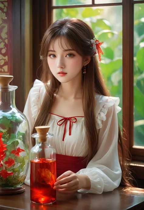 （Best quality，4k，8k，masterpiece：1.2），Super Fine，（lifelike，Photo real，照片lifelike：1.37），Girl in the glass bottle，[Vibrant colors]，[Ethereal atmosphere]， Reimu Hakurei，Brown hair，Long hair，beautiful eyes，Soft porcelain skin，Dreamy expression，Red white dress，C...