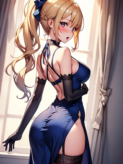 (highest quality, High resolution, perfect pixel, Depth of bounds written, 4K), hotel room, detailed eyes, (looking back), (1 lady), armpit focus, tall, (skinny body:1.2) , (thin thighs:1.2), large breasts, (side boob), blond hair, (ponytail:1.2), (midnigh...