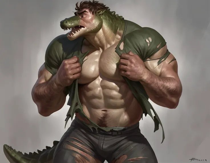 (2023:1), (best_quality:1), (high_quality:1), (absurd_res:1), (hi_res:1), (detailed:1) ,(Solo), man mid transformation into anthro male crocodile, detailed, best art, masterpiece, quality, newest, torn clothes, [partially human], muscular, pain expression,...